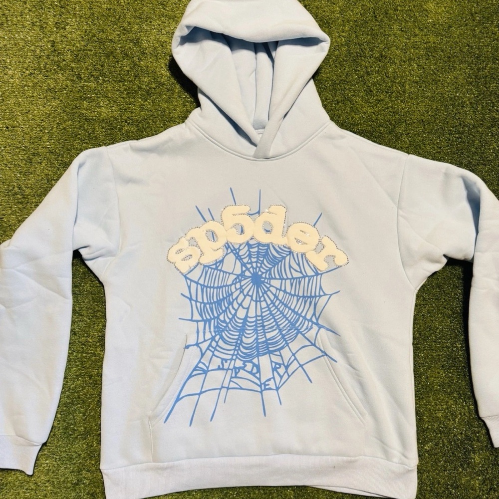 Light Blue Hoodie with Spider Web Design